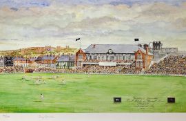 Yorkshire v Lancashire Colour Cricket Print signed by the artist Terry Gorman 1988, Final match at