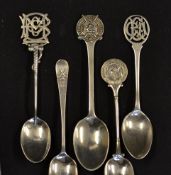 5x early 20th c Golf Club silver tea spoons to incl Stanmore Golf Club, Flackwell Heath Golf Club,