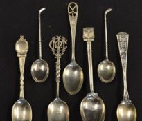 7x assorted Golf Club silver teaspoons - all with interesting stems and finials, monograms golf club