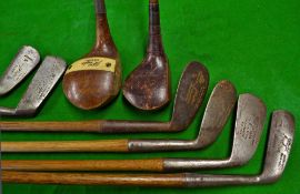 Collection of J.H Taylor golf clubs to incl 2x woods incl a good sized driver with inlaid ivorine