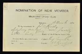 Rare 1920 Nomination of New Member at Melbourne Cricket Club signed by Hugh Trumble and Vernon