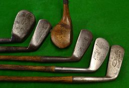 Collection A.H Scott Elie golf clubs to incl small elongated oval head spoon, plus cleek,"Howker"