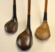 3x interesting compact socket head woods to incl an unusual dark stained brassie stamped"The