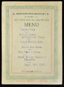 Don Bradman Signed 1930 Menu dated 22nd Sept 1930 - Simpson's Fish Ordinary Menu, 76 Cheapside, E.C.