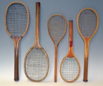 Mixed Selection of Junior Wooden Tennis Rackets to include a one piece wooden badminton racket,