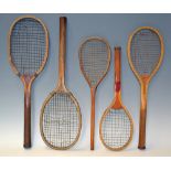 Mixed Selection of Junior Wooden Tennis Rackets to include a one piece wooden badminton racket,