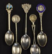 4x decorative golfing silver and enamel teaspoons - to incl 3x with embossed period men golfing