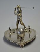 Fine Silver plate golfing desk inkwell and pen rest - comprising Vic Golfer, Gutty golf ball inkwell