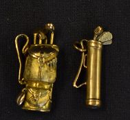 2x gold golf charms to incl fine and heavy golf club bag and clubs marked 585 and the smaller golf