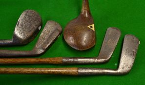 Interesting group of golf clubs to incl good large head brassie with "H" inlaid sole plate, 2x