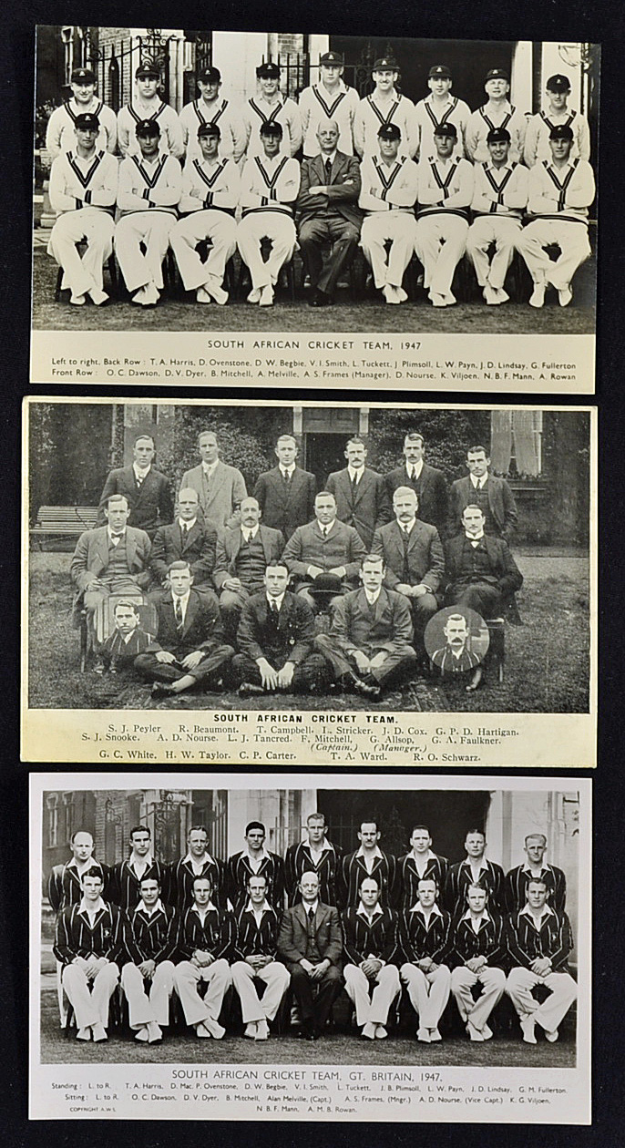 South African Cricket Postcards to include c.1920s team photocard, plus 2x 1947 team photocards, all