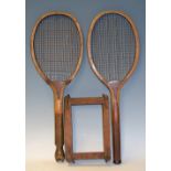 Baie-De-Sany 'Monarch' Wooden Tennis Racket and Racket Press - with a fishtail handle, maker's