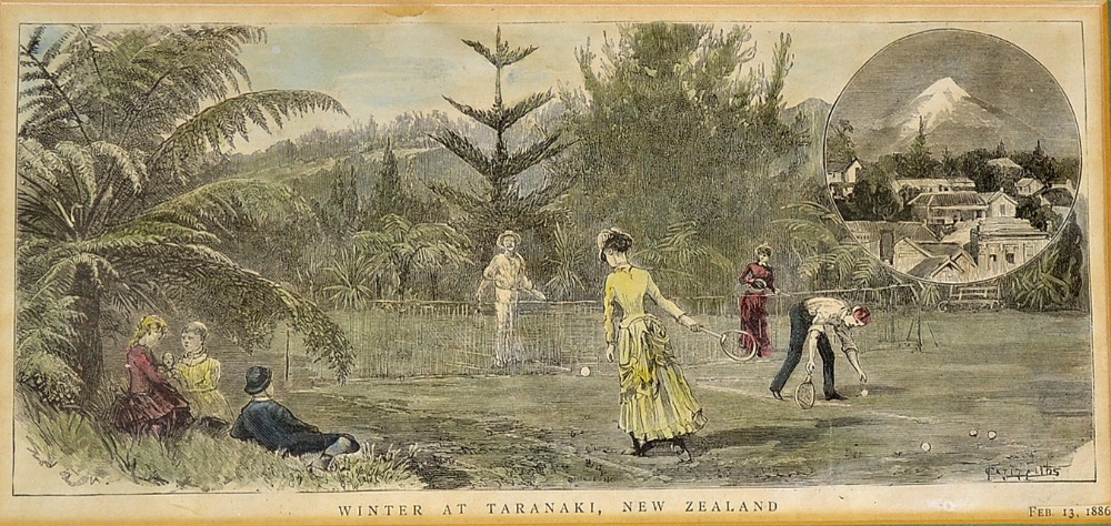 Early Tennis Engraving hand coloured c.1886 entitled 'Winter at Taranaki, New Zealand', framed and - Image 2 of 2