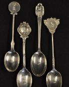 4x early 20th-century silver golf teaspoons all with embossed golfing figures to the finials one