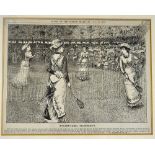 Early Tennis Engraving hand coloured c.1886 entitled 'Winter at Taranaki, New Zealand', framed and