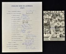 1978/79 England Cricket Tour to Australia Signed Team Sheet together with a signed print by