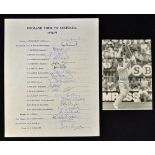 1978/79 England Cricket Tour to Australia Signed Team Sheet together with a signed print by