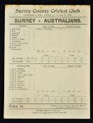 1896 Australia Tour to England - Surrey v Australians Score Card at Kennington Oval, date 17, 18 and