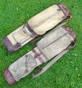 2x good canvas and leather oval golf bags - both c/w travel hoods, original shoulder straps and