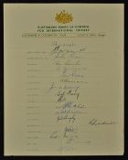 1953 Australian XI Coronation Tour to England Signed Team Sheet fully signed including players