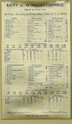 1904 Kent v Worcestershire Silk Cricket Scorecard played at Mote Park, 6/7/8 June 1904, Kent won