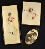 3x early 20thc lady golfer related items to incl signed water colour mf&g 12.5 x 5.5", chocolate box