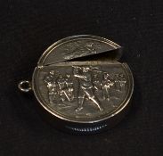 Early 20thc silver golfing vesta case - circular case with embossed figures of period golfers -