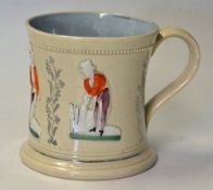c.1900s Staffordshire Cricket Mug with raised decoration a beaded rim, having raised figures of Box,