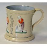 c.1900s Staffordshire Cricket Mug with raised decoration a beaded rim, having raised figures of Box,