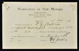 Rare 1918 Nomination of New Member at Melbourne Cricket Club signed by Hugh Trumble and W.W.