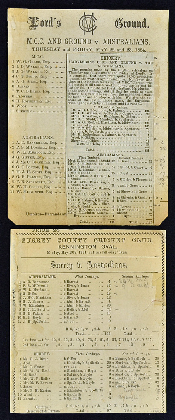 1884 Australia Tour to England Score Cards to include M.C.C. and Ground v Australians date 22/23 May