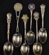 6x interesting early 20th century Golf Club silver and enamel teaspoons to include Wimbledon and