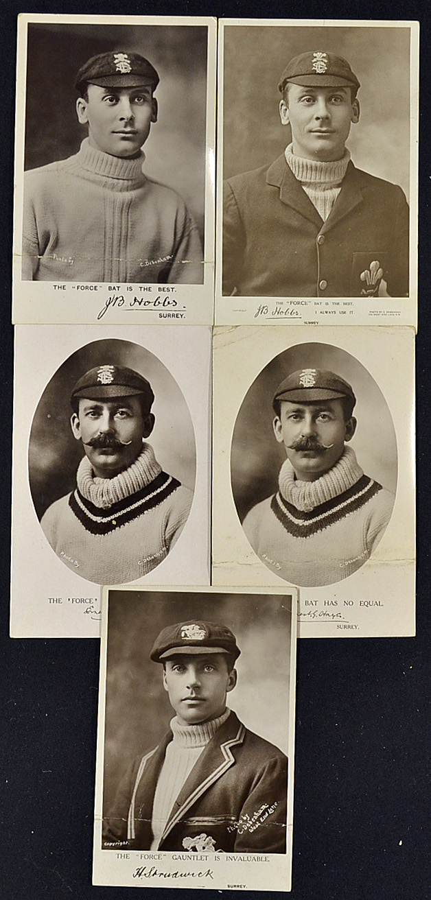 Surrey Cricket Real Photo Postcards Force Series to include J.B Hobbs (2), E.G. Hayes (2) and H.