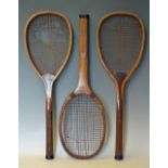 Pair of John Piggot Wooden Tennis Rackets both with maker's stamp to the convex wedge, regular