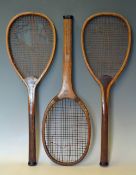 Pair of John Piggot Wooden Tennis Rackets both with maker's stamp to the convex wedge, regular