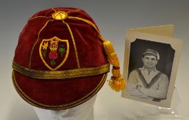 British Isles Rugby League Players Cap - presented to Derek "Rocky" Turner - comprising red velvet 6