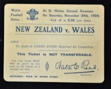 Rare 1924 Wales v New Zealand All Blacks Invincibles rugby match ticket - reserved for Committee