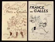 2x France v Wales Rugby Menus by artist Joe Bridge from the 50/60's: Pair of classic French after-