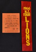 1966 British Lions rugby supporters badge and ticket- to incl Stand ticket stub price 30/- for the