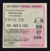 1973 FA Cup final football ticket Sunderland v Leeds United, south terrace seat, pocket crease