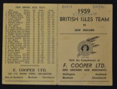 1959 British Lions rugby tour to New Zealand fixture card - issued with the compliments of F