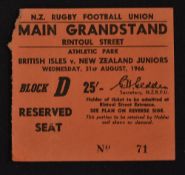 1966 British Lions v New Zealand Juniors All Blacks rugby ticket - played at Wellington on 31 August