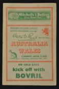 1947/48 Australia Wallabies Rugby Tour to U.K test match programme - v Wales played on 20th December