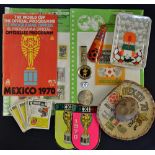 1970 Mexico World Cup Ephemera to include ashtray, commemorative silver metal coin, a necktie