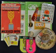 1970 Mexico World Cup Ephemera to include ashtray, commemorative silver metal coin, a necktie