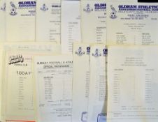 Oldham Athletic single sheet football programmes mainly 1980s to include reserves, youth, junior