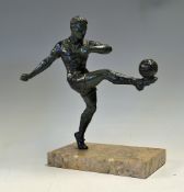 Art Deco style Spelter football Figure patinated in green, 30cm high and resting on a marble base