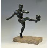 Art Deco style Spelter football Figure patinated in green, 30cm high and resting on a marble base