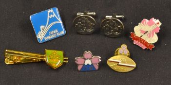 Japan rugby badge collection - to include Japan R.F.U tie clip, lapel badge, cufflinks, plus 3x