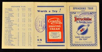 1937 South Africa Springboks Rugby tour to New Zealand fixture card - issued by Brylcreem stamped
